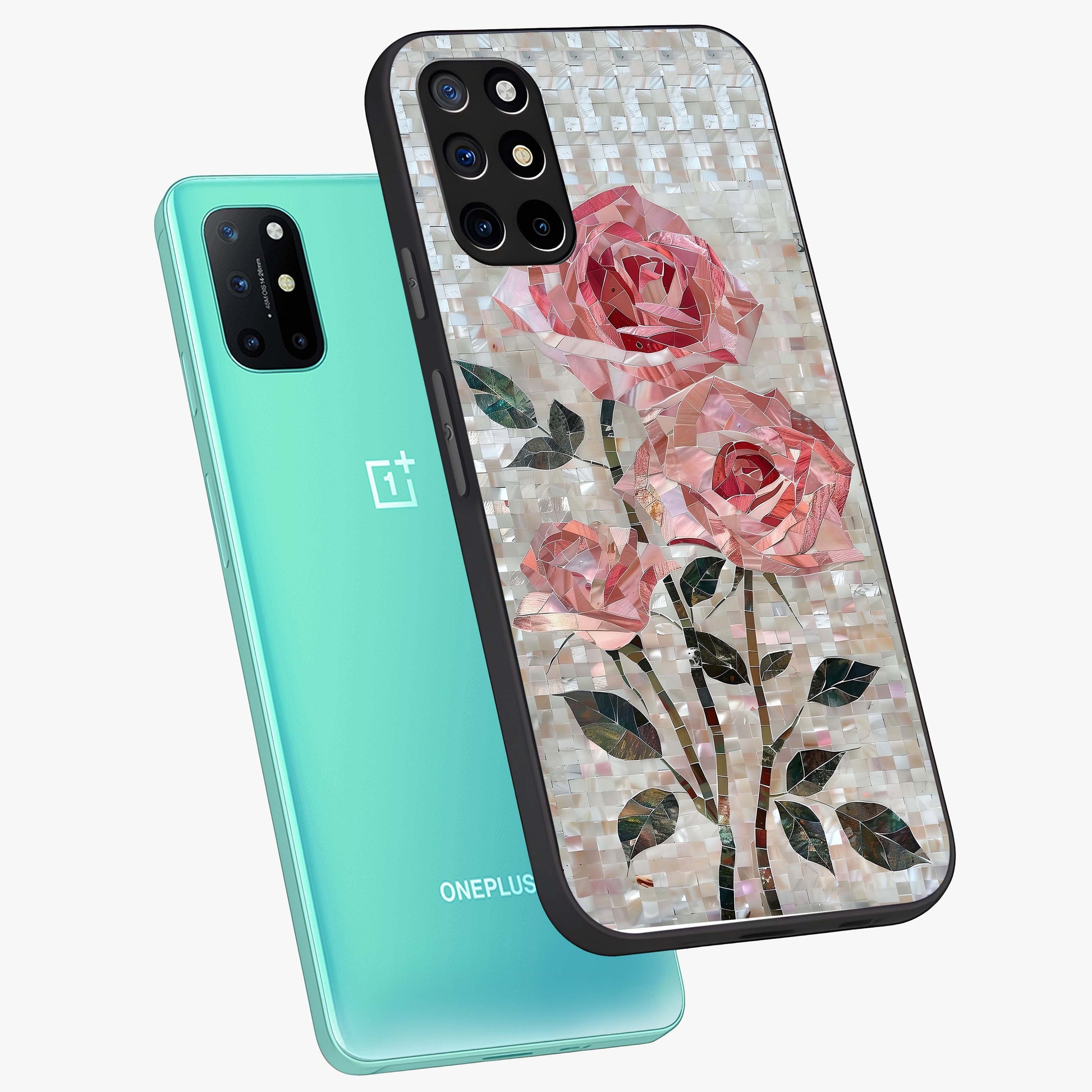 Blush Mosaic Bloom Glass Case displayed in angled mockup highlighting artistic mosaic flower pattern with aesthetic design.