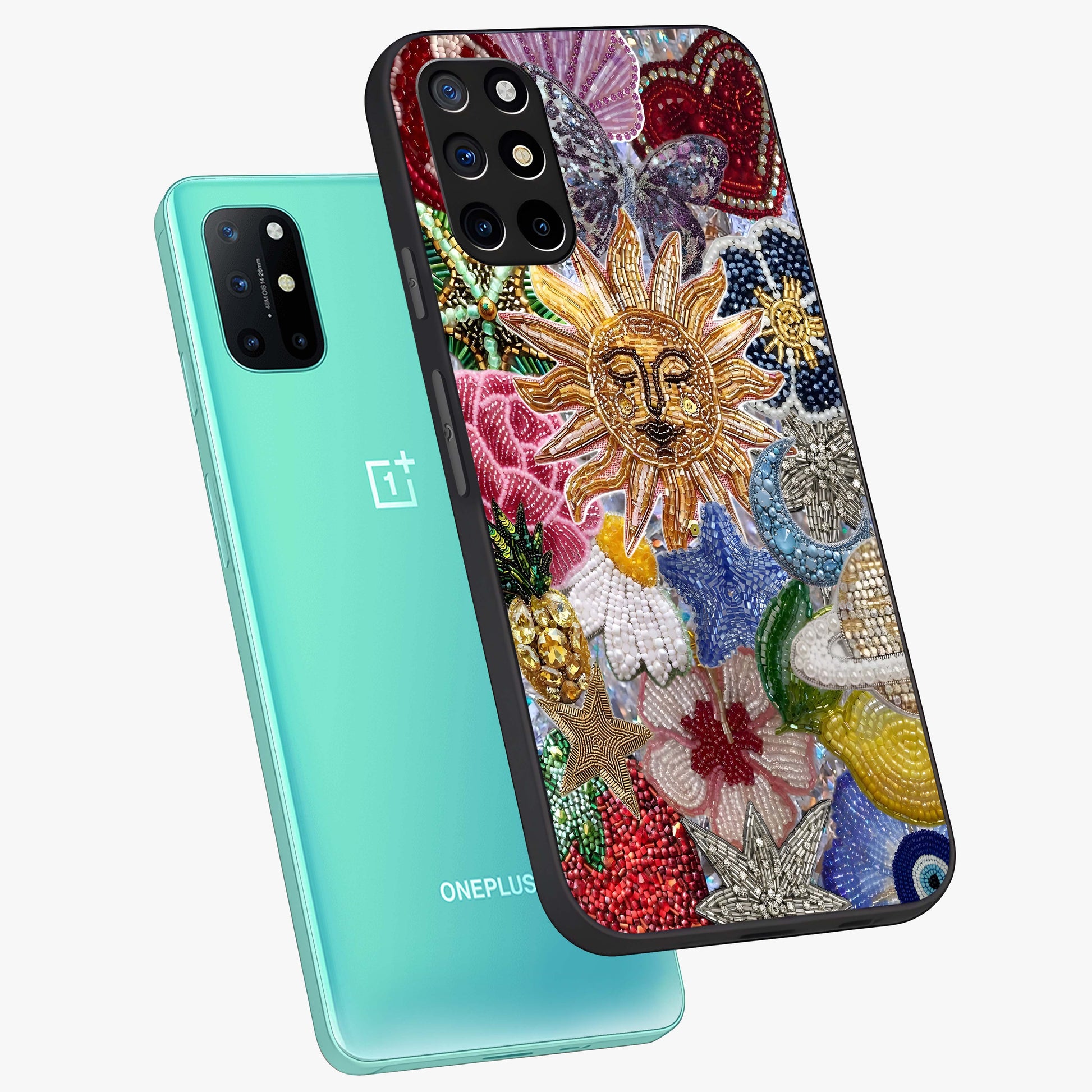 Celestial Floral and Playful Glass Case displayed in angled mockup highlighting playful floral design with dreamy celestial elements.