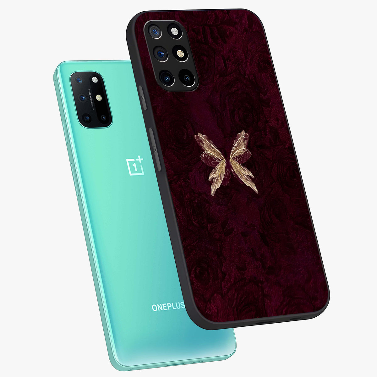 Crimson Fade Butterfly Glass Case displayed in angled mockup highlighting elegant butterfly design with crimson gradient aesthetic.