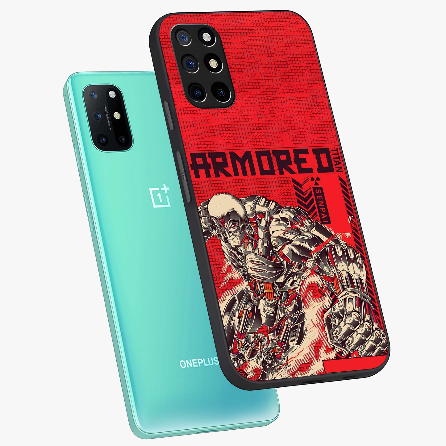 Crimson Mecha Titan Glass Case displayed in angled mockup highlighting futuristic mech illustration with bold crimson aesthetic.
