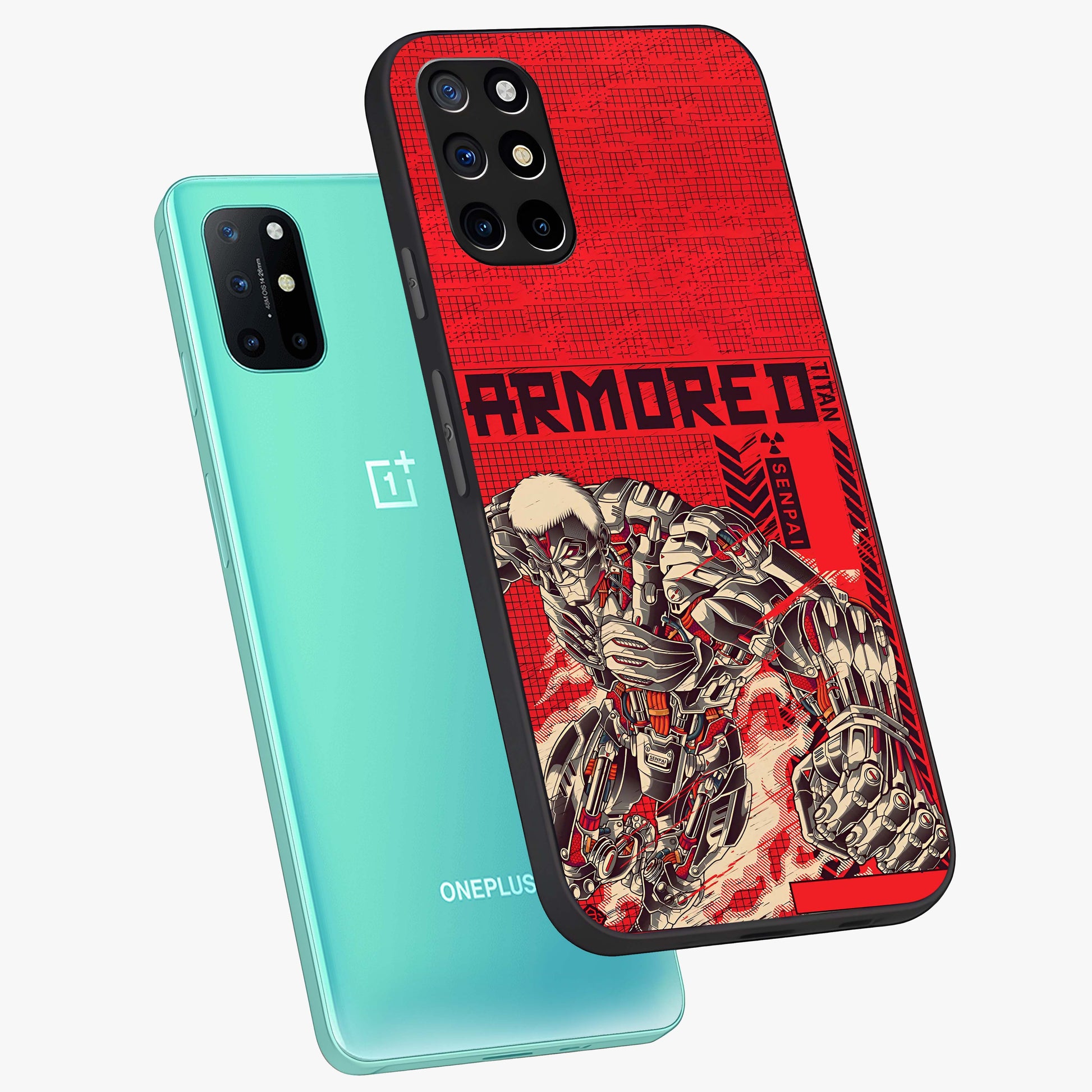 Crimson Mecha Titan Glass Case displayed in angled mockup highlighting futuristic mech illustration with bold crimson aesthetic.