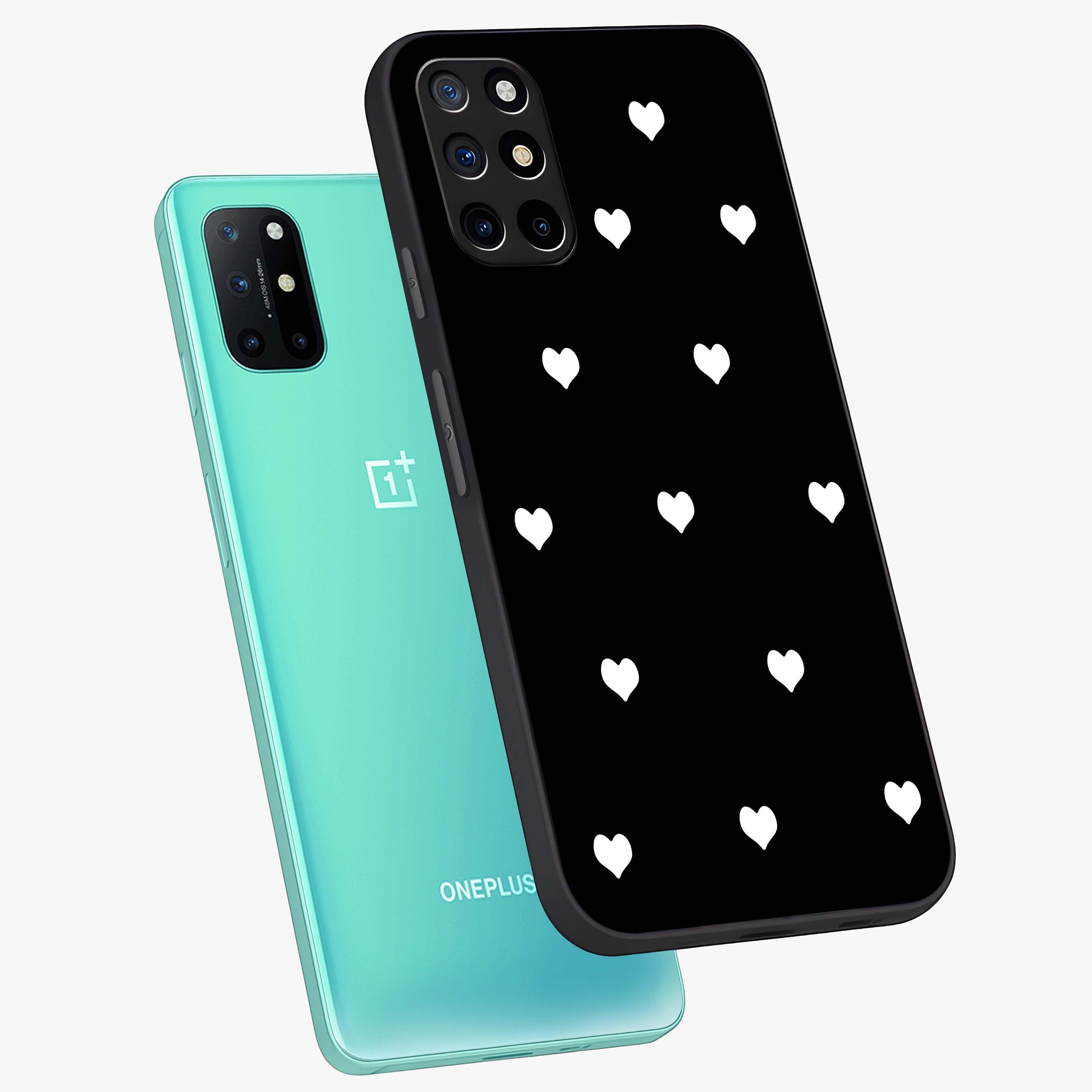 Cute And Simple White Hearts Glass Case displayed in angled mockup highlighting cute heart design with clean aesthetic style.