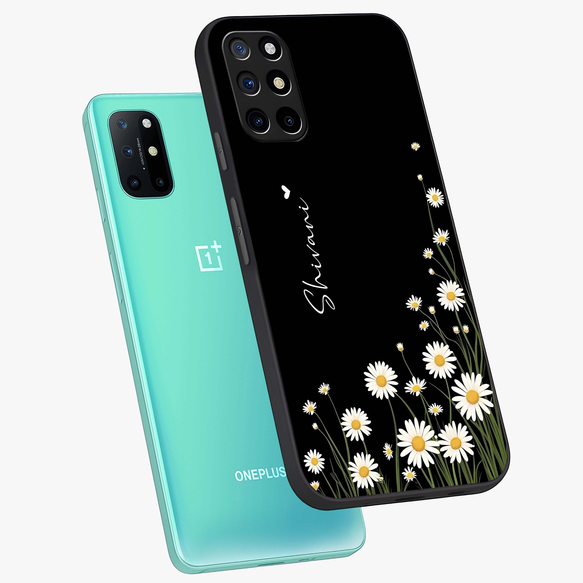 Daisy Cascade Custom Name Glass Case displayed in angled mockup highlighting delicate daisy artwork with custom name feature.