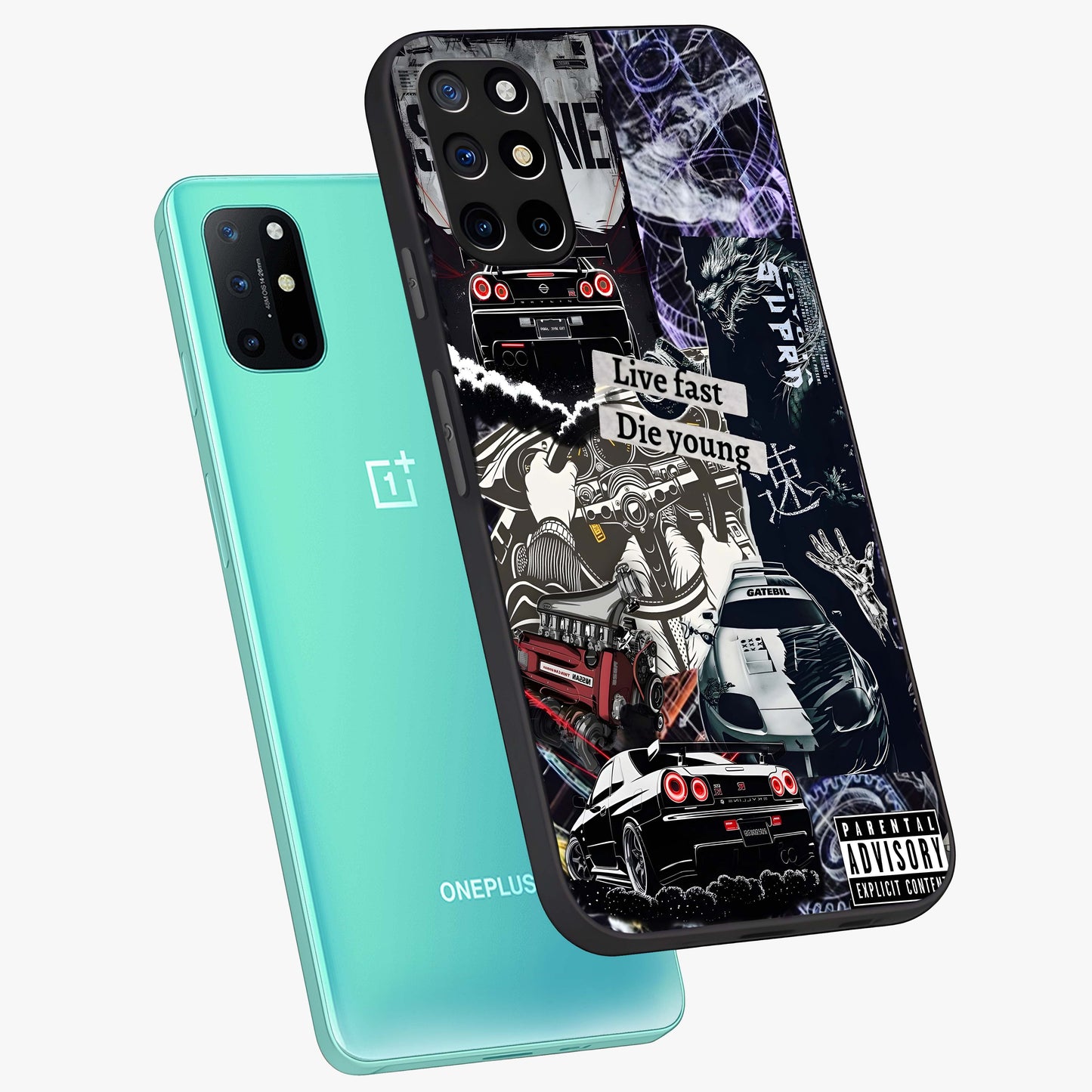 Die Young Glass Case displayed in angled mockup highlighting expressive graphic artwork with edgy aesthetic style.