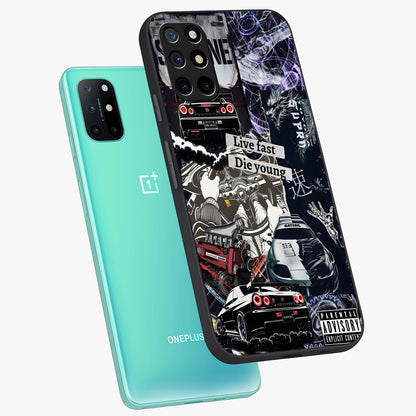 Die Young Glass Case displayed in angled mockup highlighting expressive graphic artwork with edgy aesthetic style.