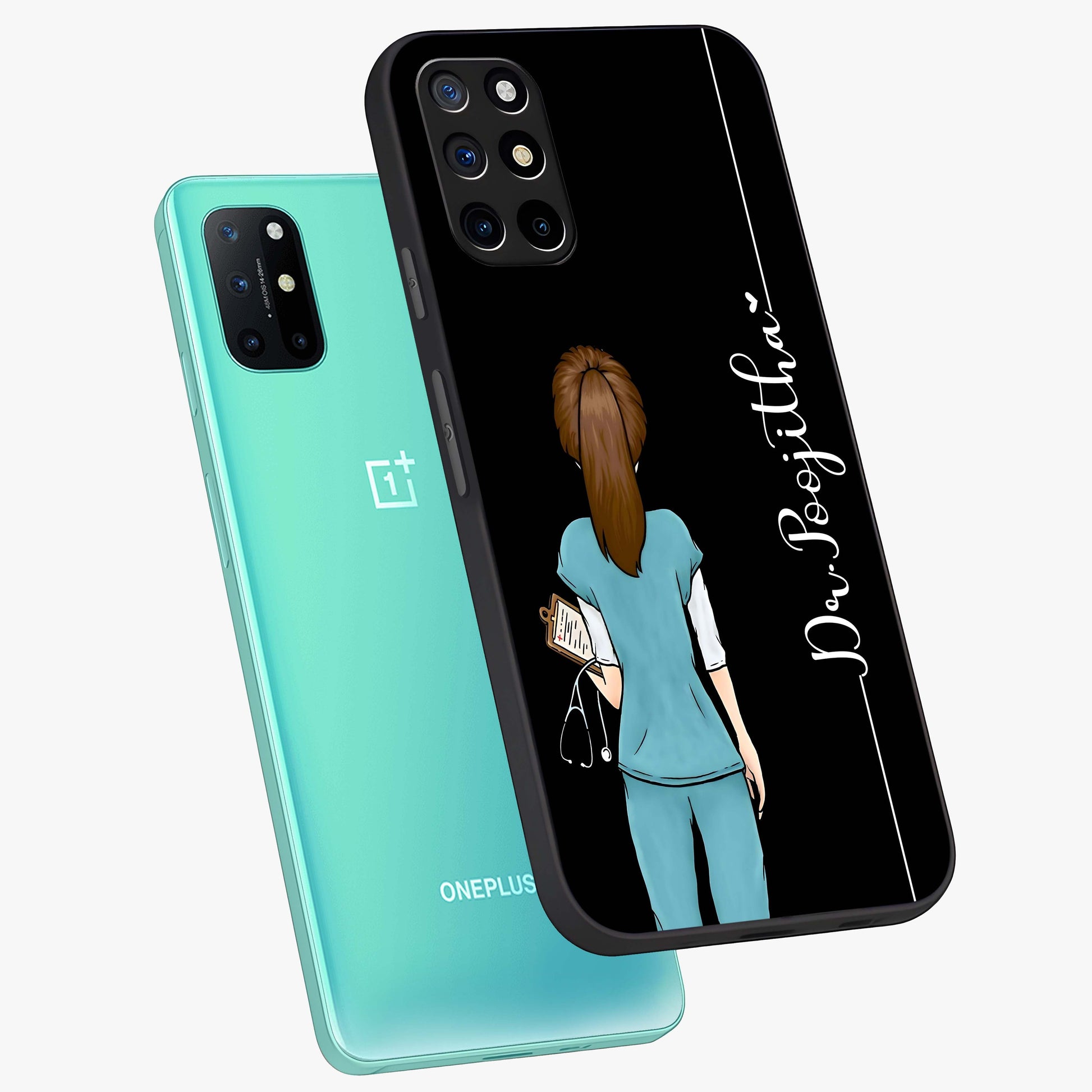 Doctor Pattern Custom Name Glass Case displayed in angled mockup highlighting doctor inspired artwork with custom name feature.