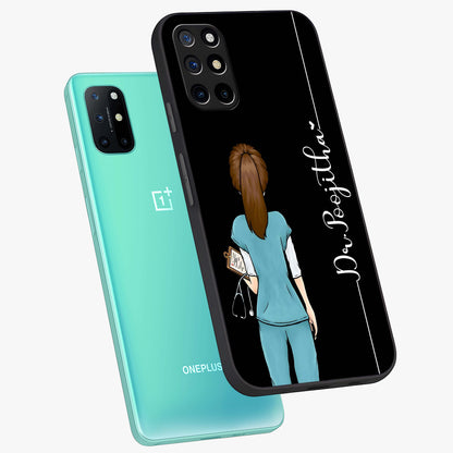 Doctor Pattern Custom Name Glass Case displayed in angled mockup highlighting doctor inspired artwork with custom name feature.