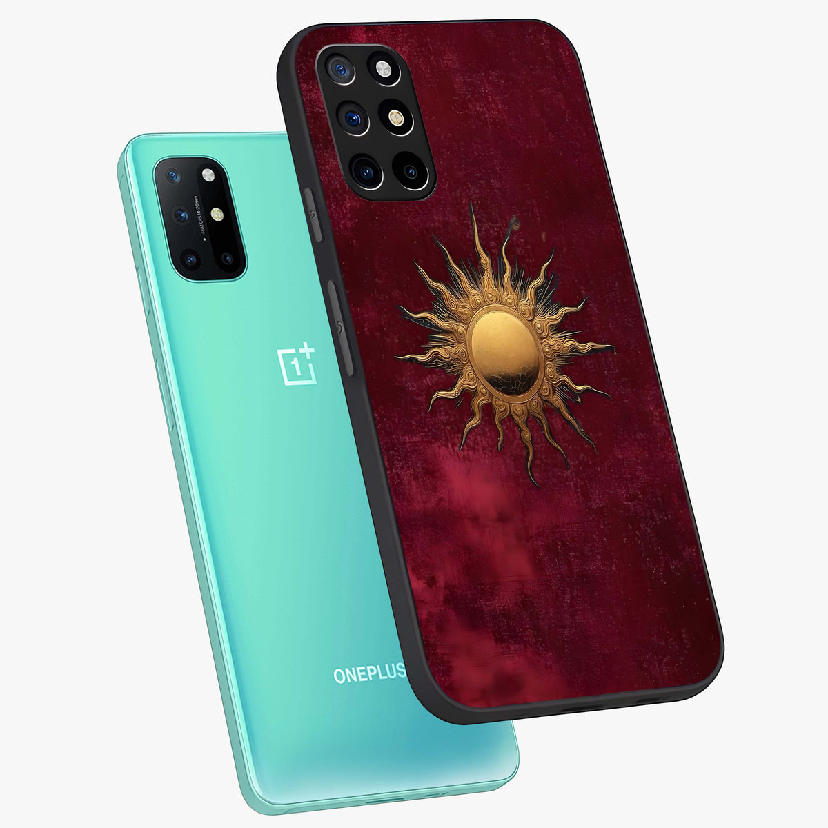 Golden Sun Minimalism Glass Case displayed in angled mockup highlighting clean sun symbol design with modern minimal aesthetic.
