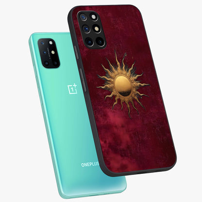 Golden Sun Minimalism Glass Case displayed in angled mockup highlighting clean sun symbol design with modern minimal aesthetic.