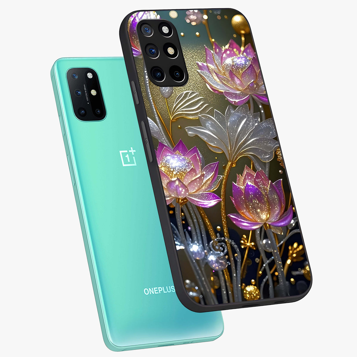 Golden Floral Majesty Glass Case displayed in angled mockup highlighting elegant flower design with royal golden aesthetic.