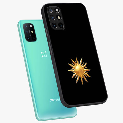 Golden Sun Minimalism Glass Case displayed in angled mockup highlighting eerie shadow illustration with gothic aesthetic.