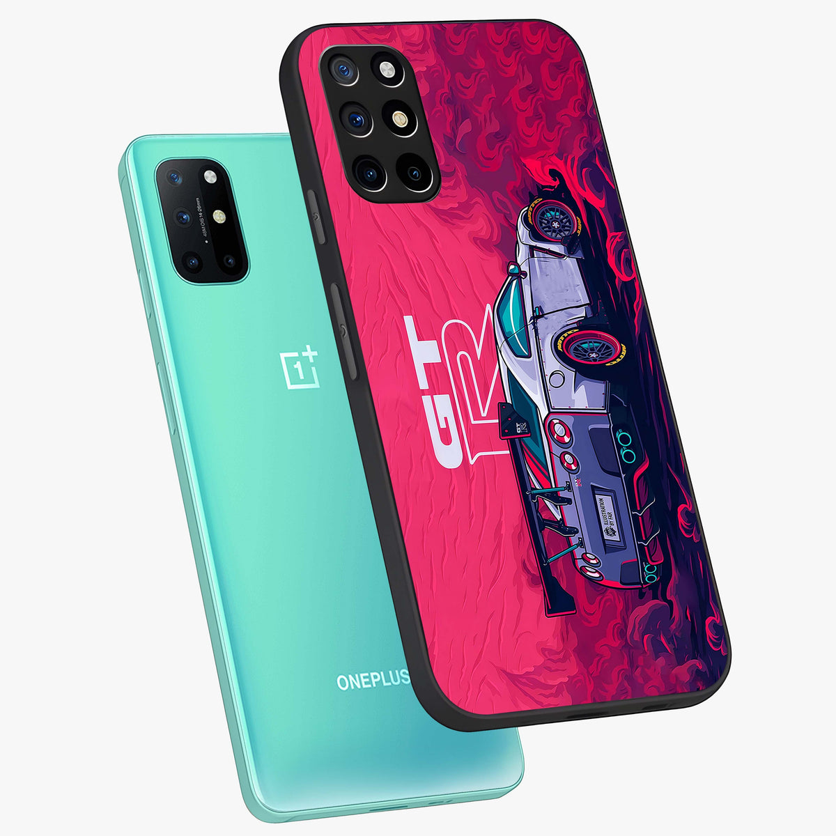 GT-R Car Pattern Glass Case displayed in angled mockup highlighting racing car graphic design with bold automotive aesthetic.
