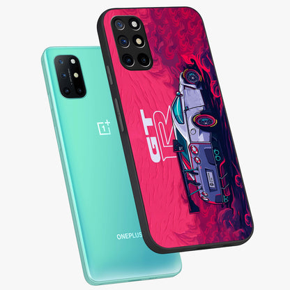 GT-R Car Pattern Glass Case displayed in angled mockup highlighting racing car graphic design with bold automotive aesthetic.