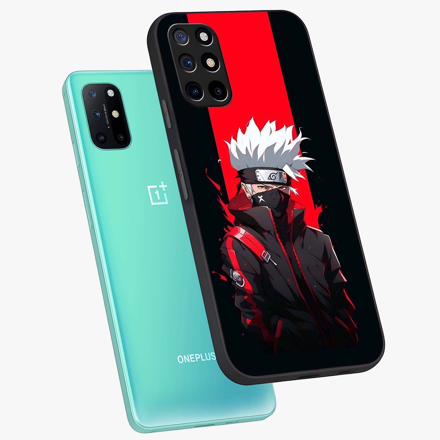 Kakashi Scarlet Shadow Glass Case displayed in angled mockup highlighting dramatic ninja illustration with scarlet themed aesthetic.