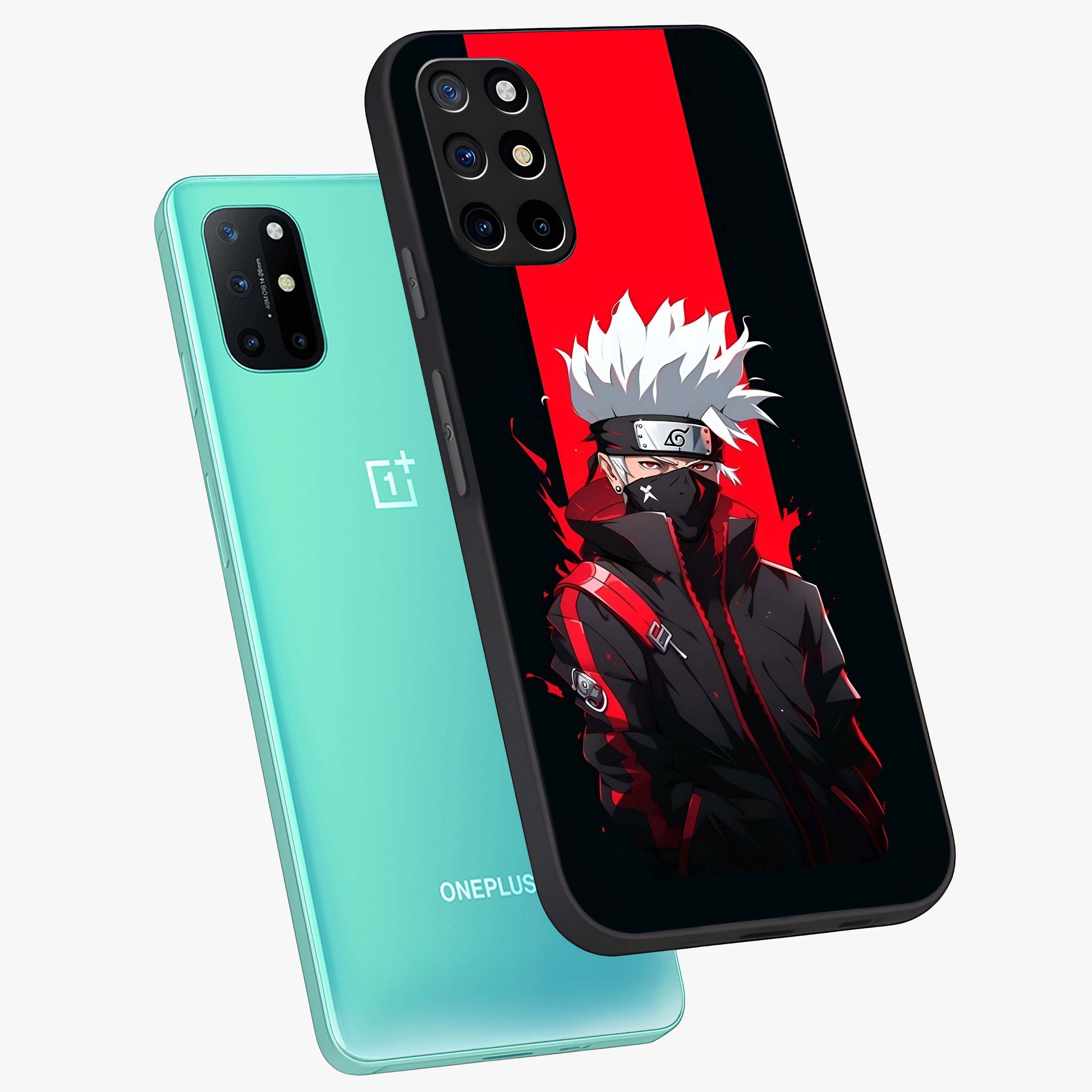 Kakashi Scarlet Shadow Glass Case displayed in angled mockup highlighting dramatic ninja illustration with scarlet themed aesthetic.