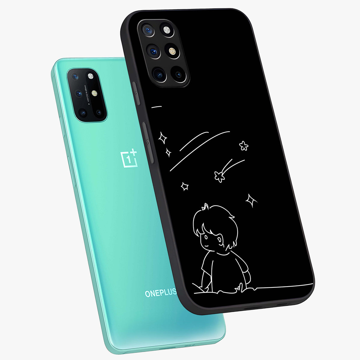 Line Art Boy With Shooting Stars Glass Case displayed in angled mockup highlighting elegant line art design with dreamy star aesthetic.
