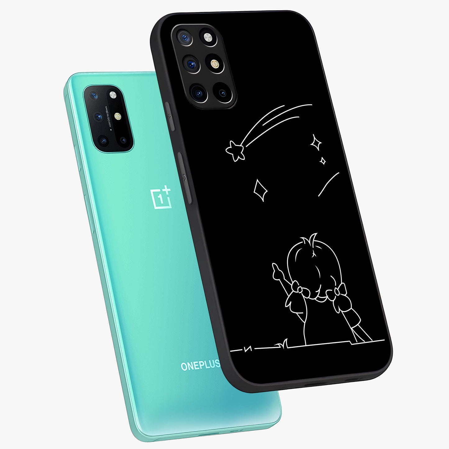 Line Art Girl With Shooting Stars Glass Case displayed in angled mockup highlighting elegant line art design with dreamy star aesthetic.