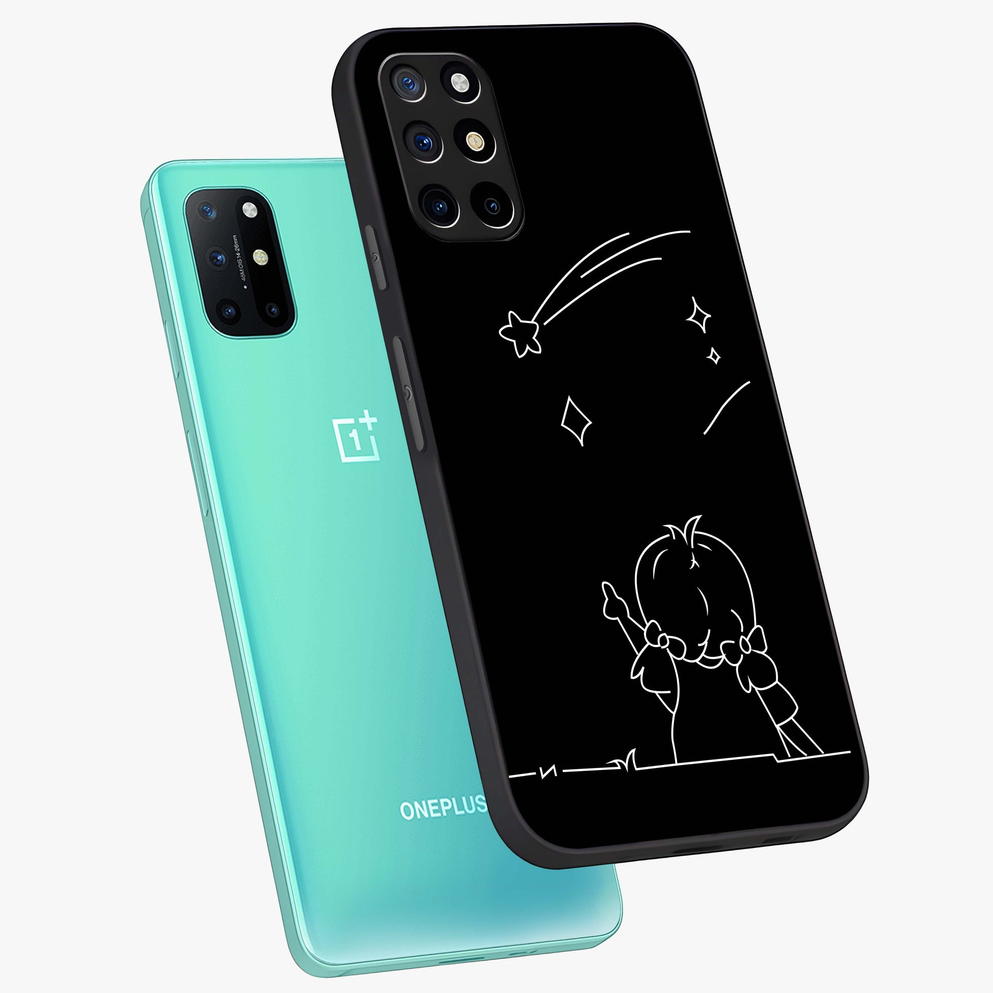 Line Art Girl With Shooting Stars Glass Case displayed in angled mockup highlighting elegant line art design with dreamy star aesthetic.