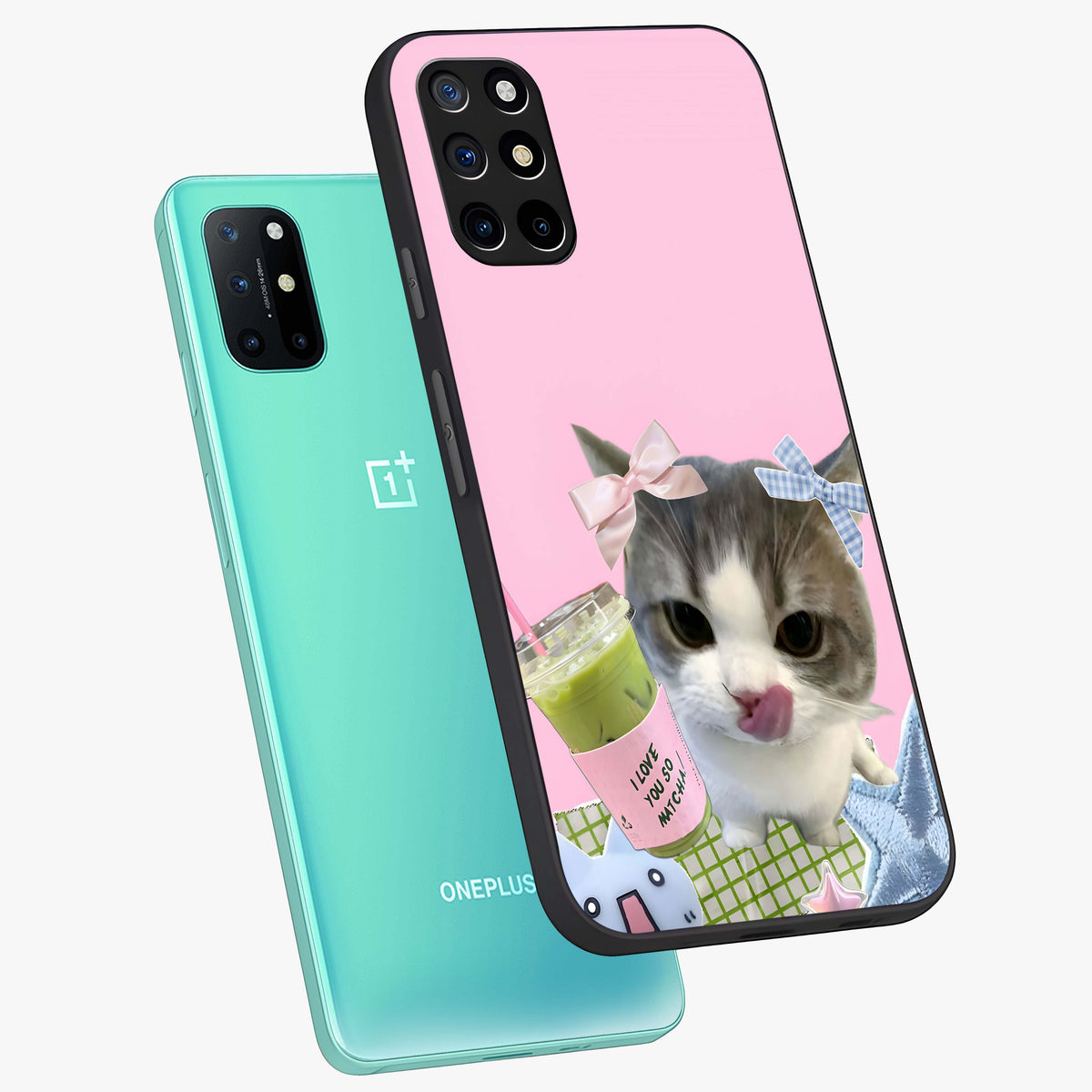 Love Matcha Cat Glass Case displayed in angled mockup highlighting playful feline illustration with cozy matcha aesthetic.