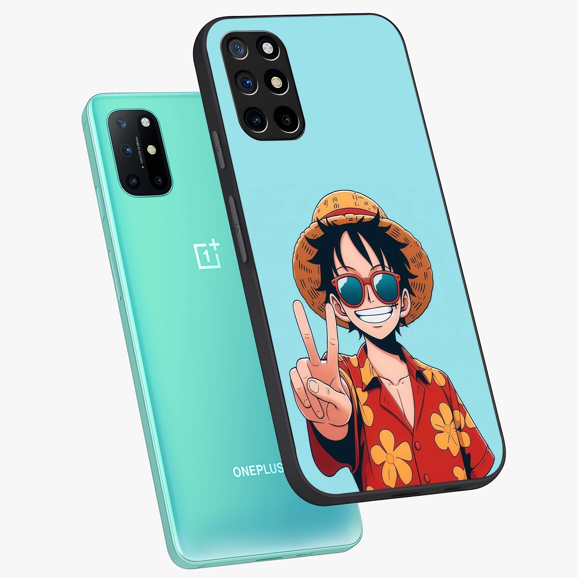 Luffy Summer Anime Vibe Glass Case displayed in angled mockup highlighting energetic anime illustration with summer vibe aesthetic.