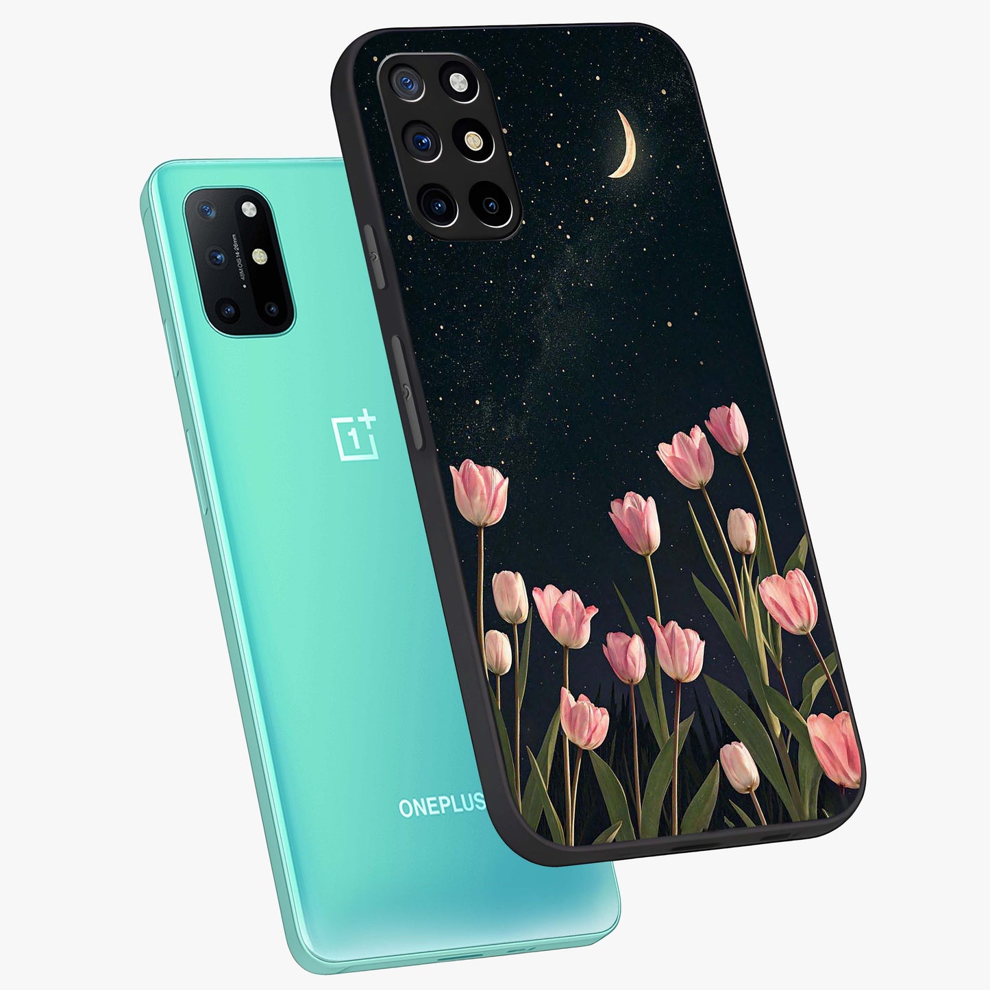 Midnight Tulip Whispers Vibe Glass Case displayed in angled mockup highlighting delicate tulip design with midnight floral aesthetic.