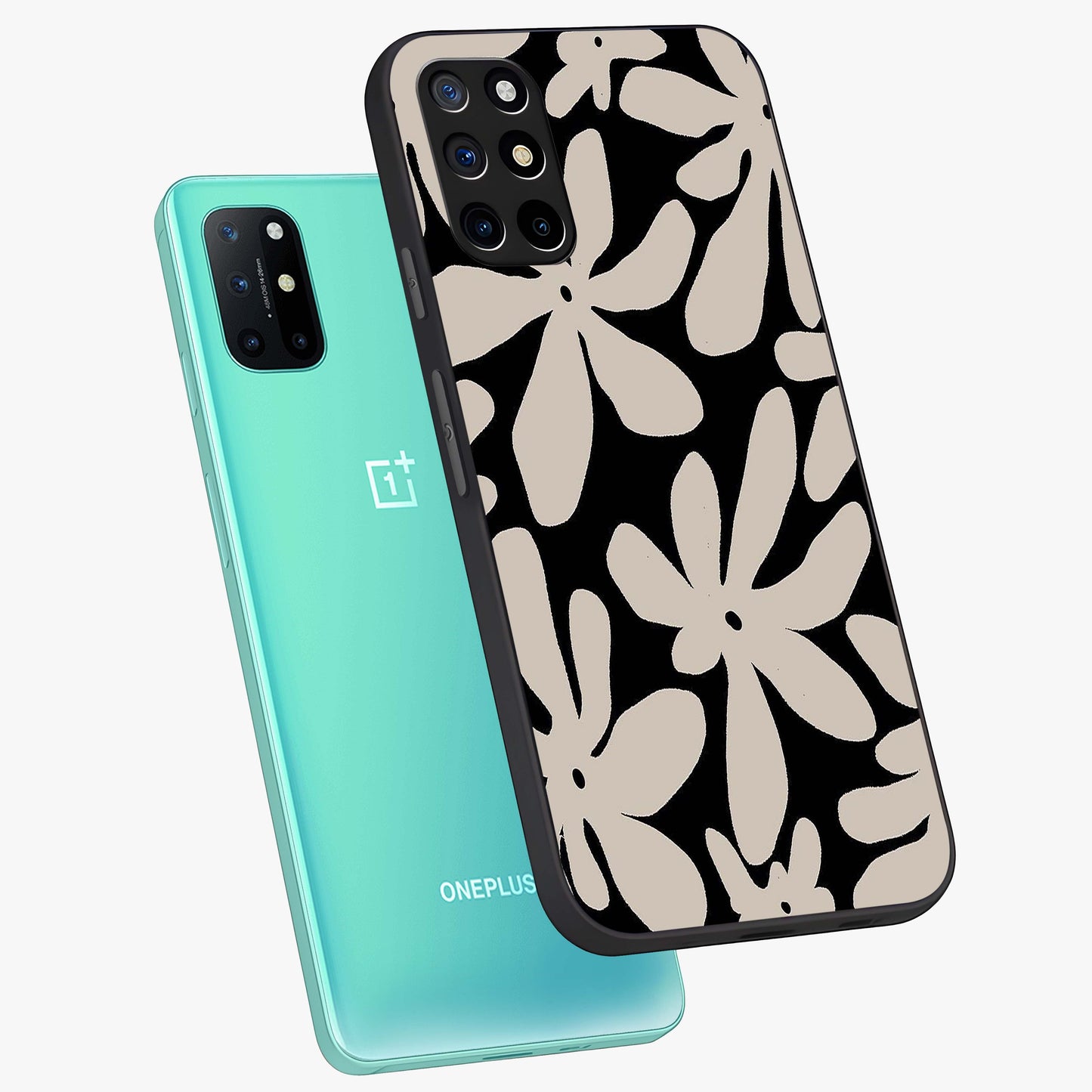 Monochrome Petal Dance Glass Case displayed in angled mockup highlighting elegant petal design with black and white aesthetic.