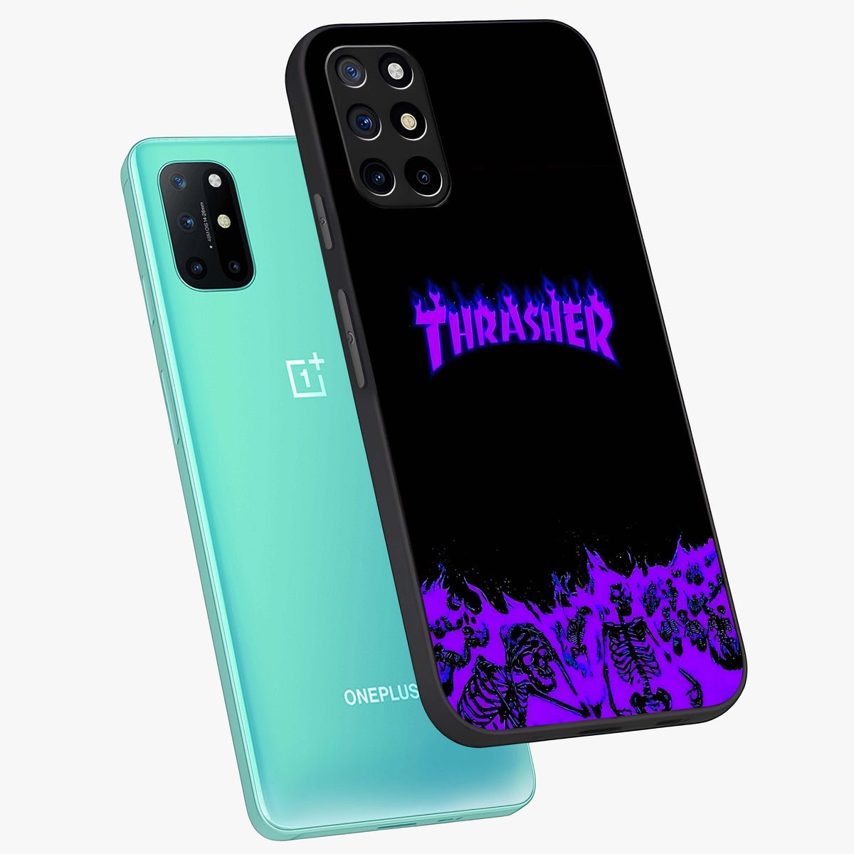Neon Flame Riot Glass Case displayed in angled mockup highlighting glowing flame design with vibrant neon aesthetic.