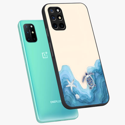 Ocean Drift Turtle Glass Case displayed in angled mockup highlighting peaceful ocean turtle illustration with marine aesthetic.