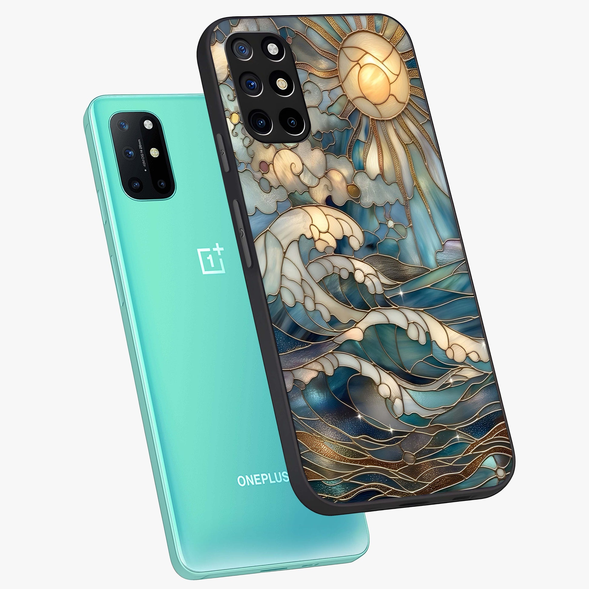 Oceanic Stained Printed Glass Case displayed in angled mockup highlighting colorful aquatic design with artistic aesthetic style.