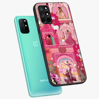 Pink Palace Muse Glass Case displayed in angled mockup highlighting dreamy palace illustration with soft pink aesthetic.