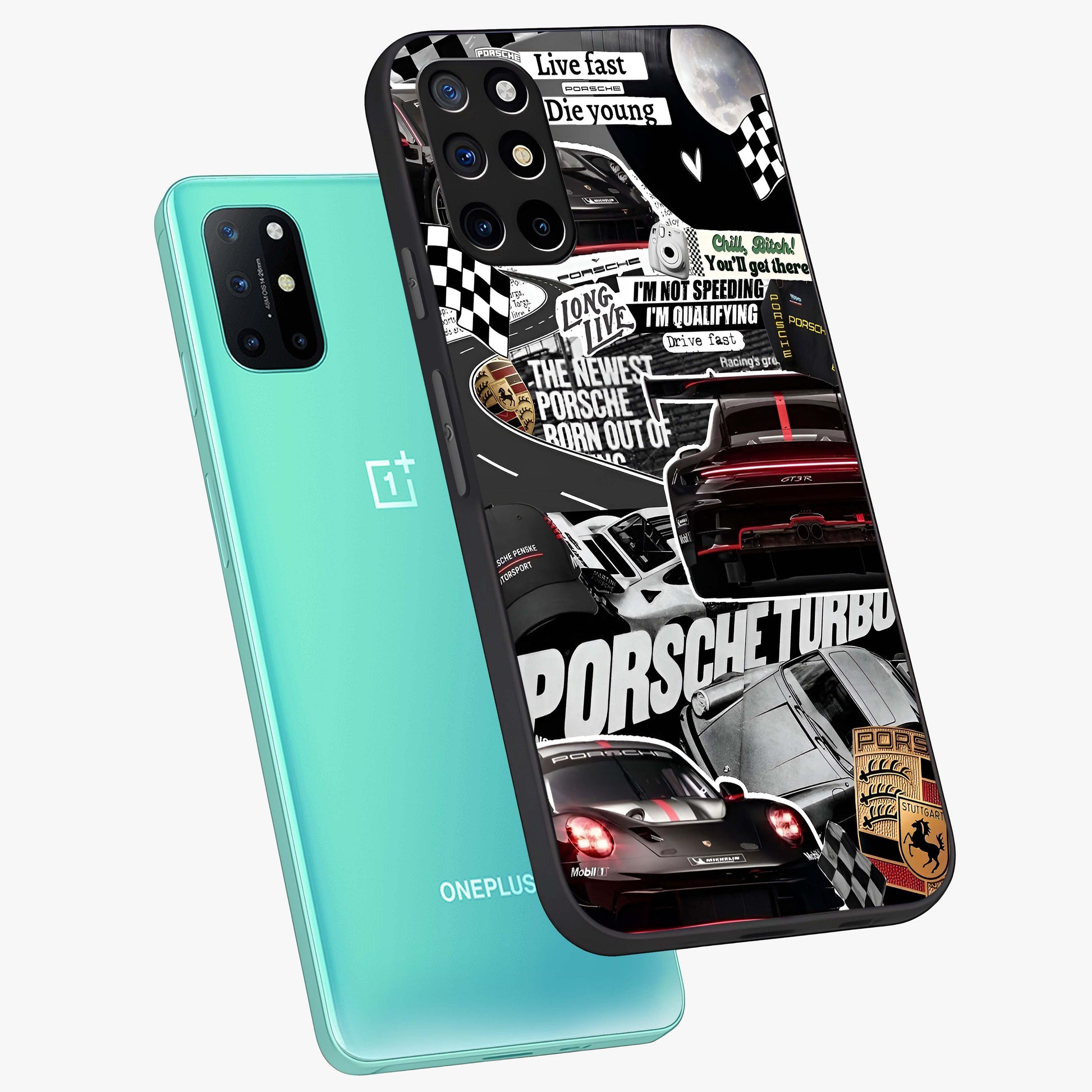 Porsche Racing Collage Glass Case displayed in angled mockup highlighting dynamic automotive design with bold racing aesthetic.