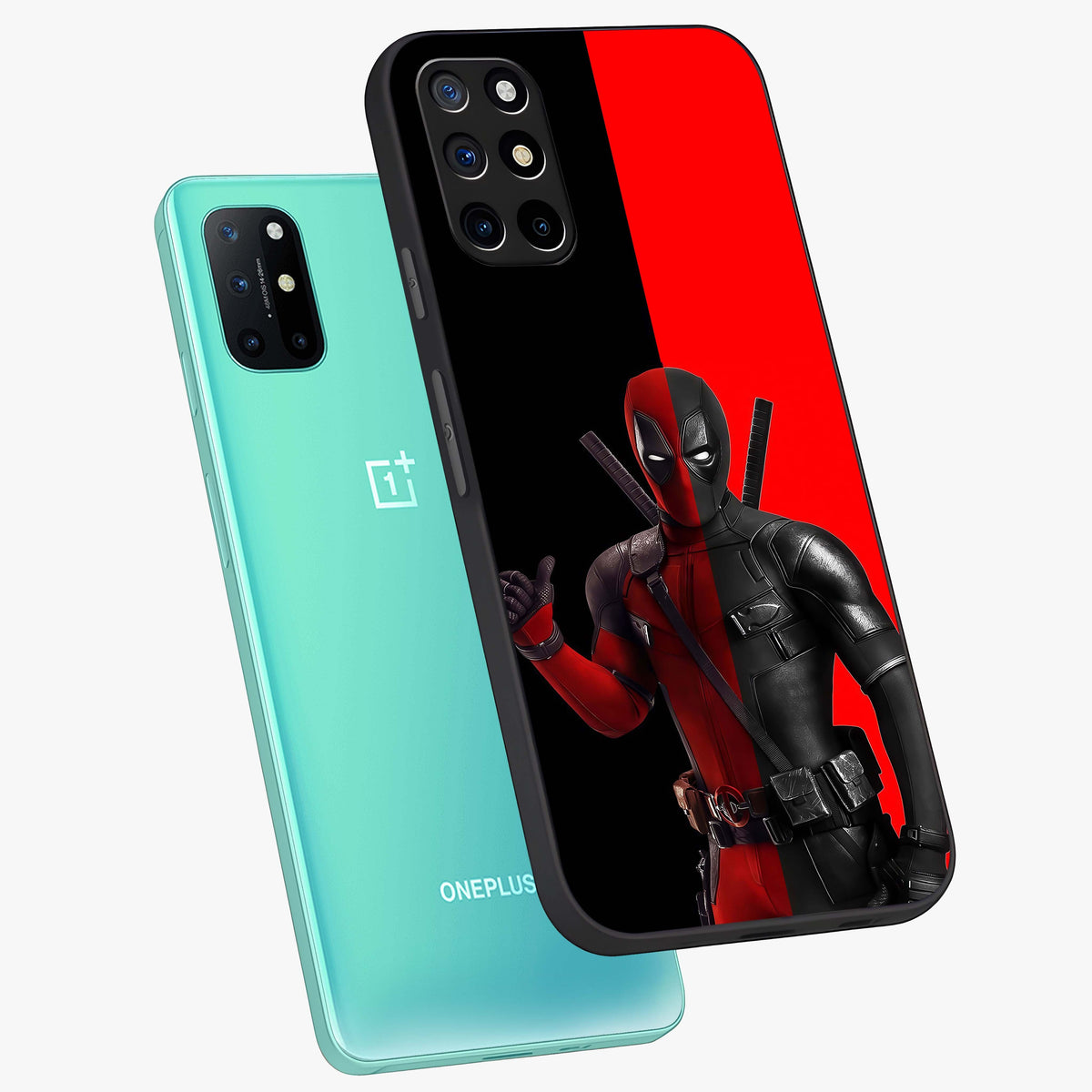 Red & Black Deadpool Theme Glass Case displayed in angled mockup highlighting vibrant superhero style illustration with action aesthetic.