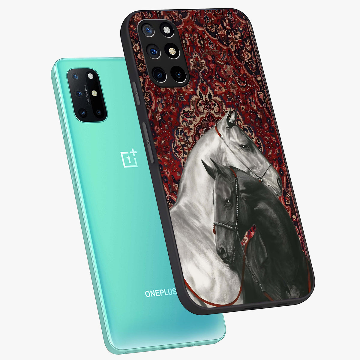 Regal Stallion Tapestry Glass Case displayed in angled mockup highlighting royal stallion design with decorative heritage aesthetic.