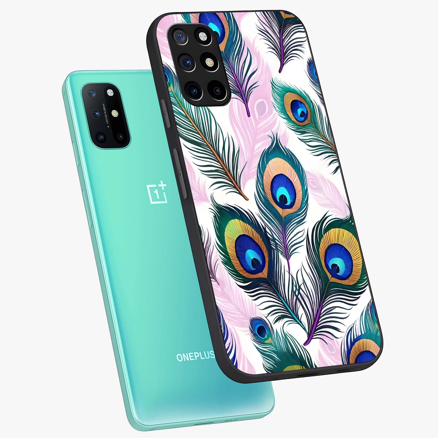 Royal Peacock Feathers Glass Case displayed in angled mockup highlighting vibrant feather pattern with regal aesthetic style.