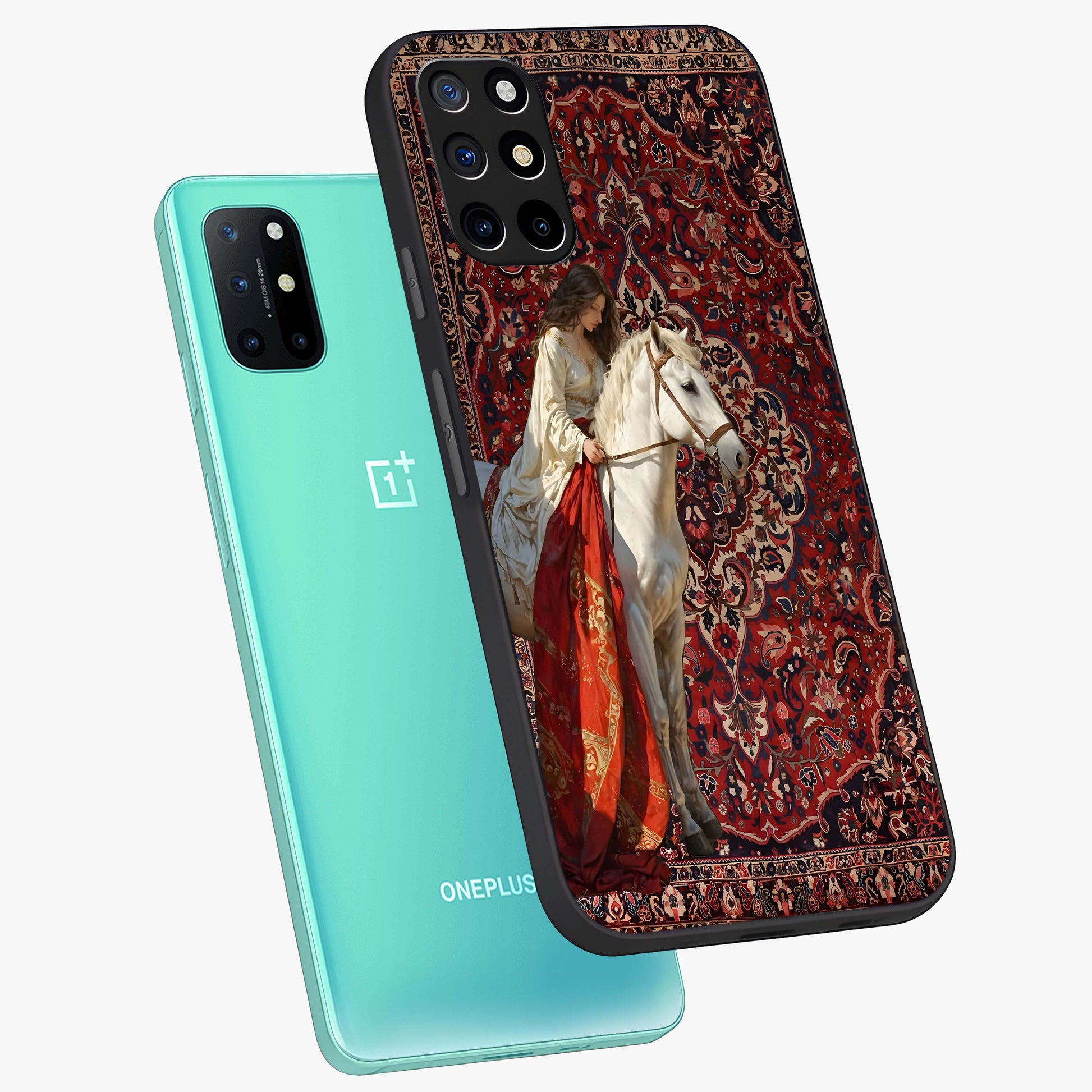 Royal Rider Tapestry Glass Case displayed in angled mockup highlighting traditional tapestry design with royal heritage aesthetic.