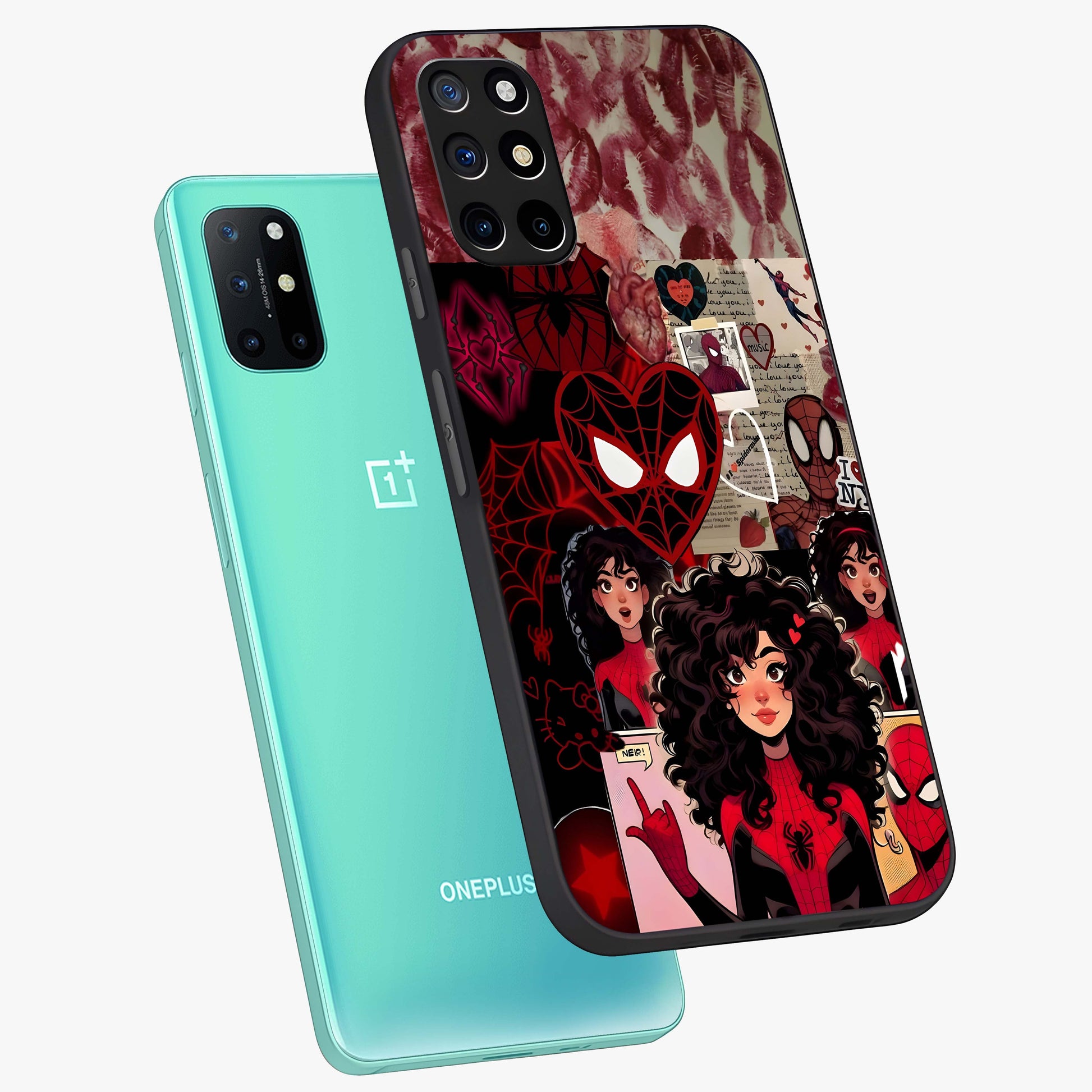 Spider Love Story Glass Case displayed in angled mockup highlighting expressive comic inspired design with playful aesthetic.