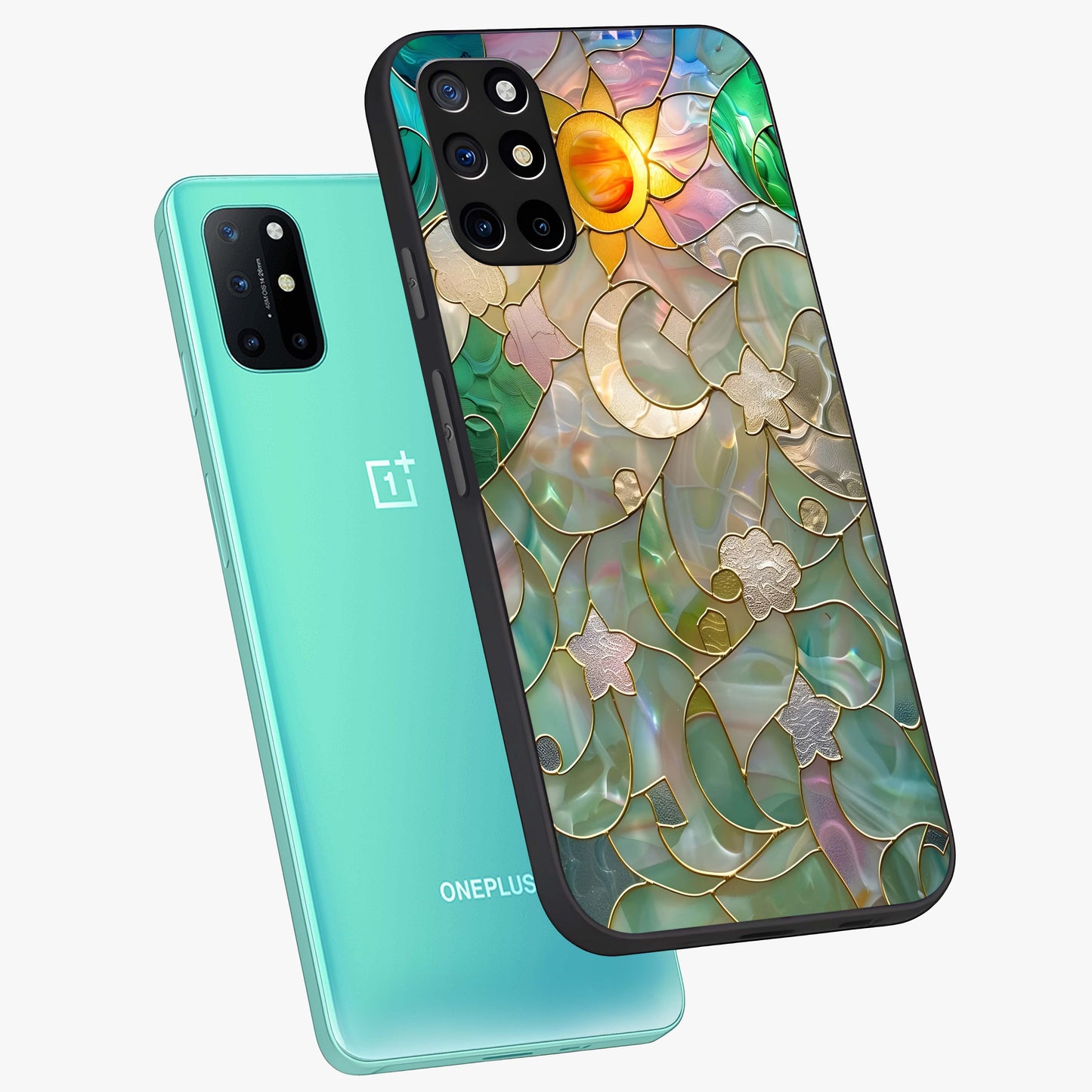 Stained Sunrise Glow Glass Case displayed in angled mockup highlighting radiant sunrise design with artistic aesthetic style.
