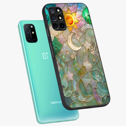 Stained Sunrise Glow Glass Case displayed in angled mockup highlighting radiant sunrise design with artistic aesthetic style.