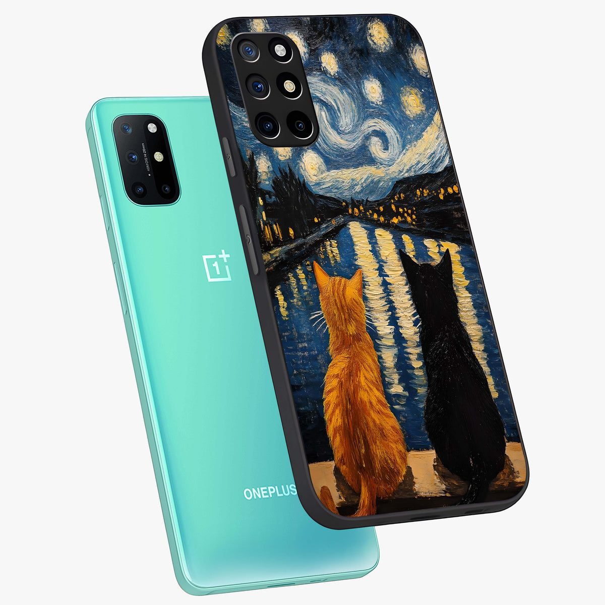 Starry River Cats Glass Case displayed in angled mockup highlighting charming feline illustration with dreamy night aesthetic.
