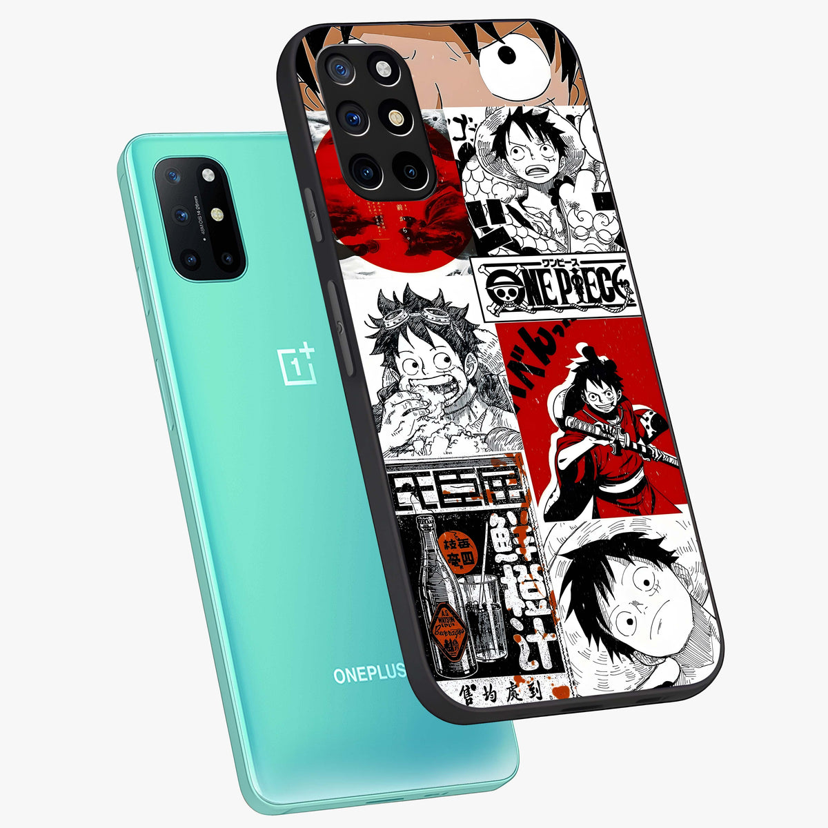 Strawhat Chaos Panels Glass Case displayed in angled mockup highlighting vibrant anime collage design with action aesthetic.