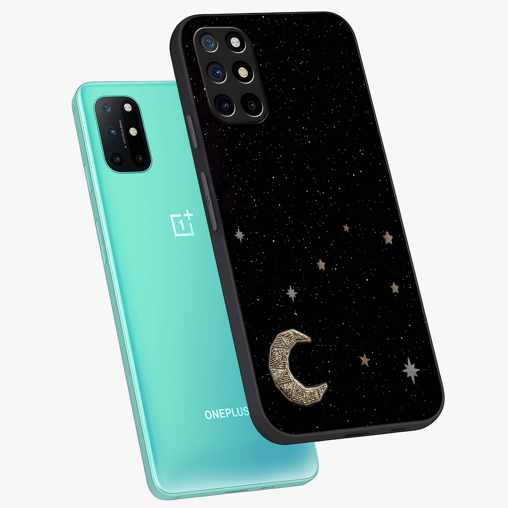 Twinkle Star With Half Moon Glass Case displayed in angled mockup highlighting celestial moon and star design with magical aesthetic.