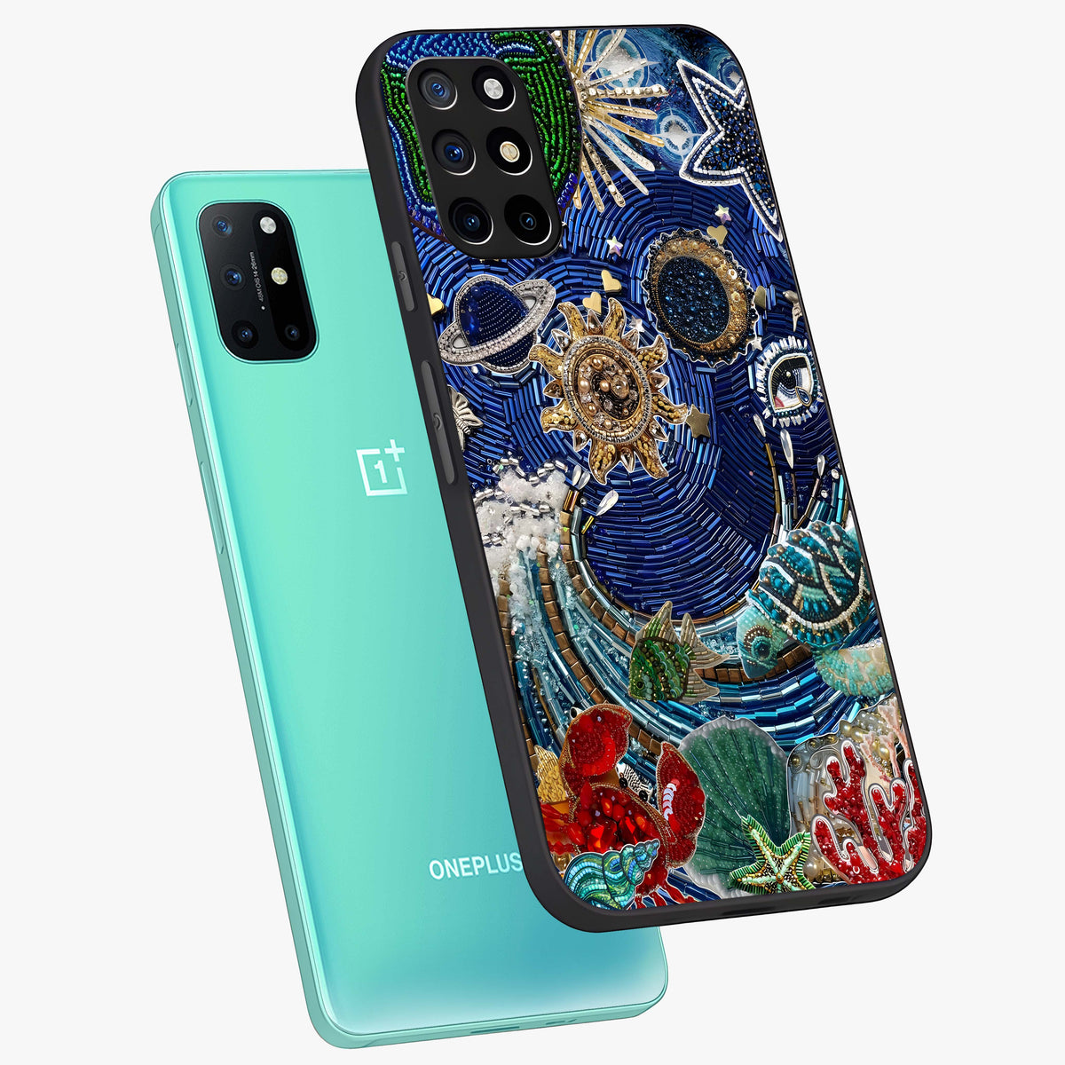 Universe Underwater Spark Glass Case displayed in angled mockup highlighting glowing aquatic design with celestial aesthetic.