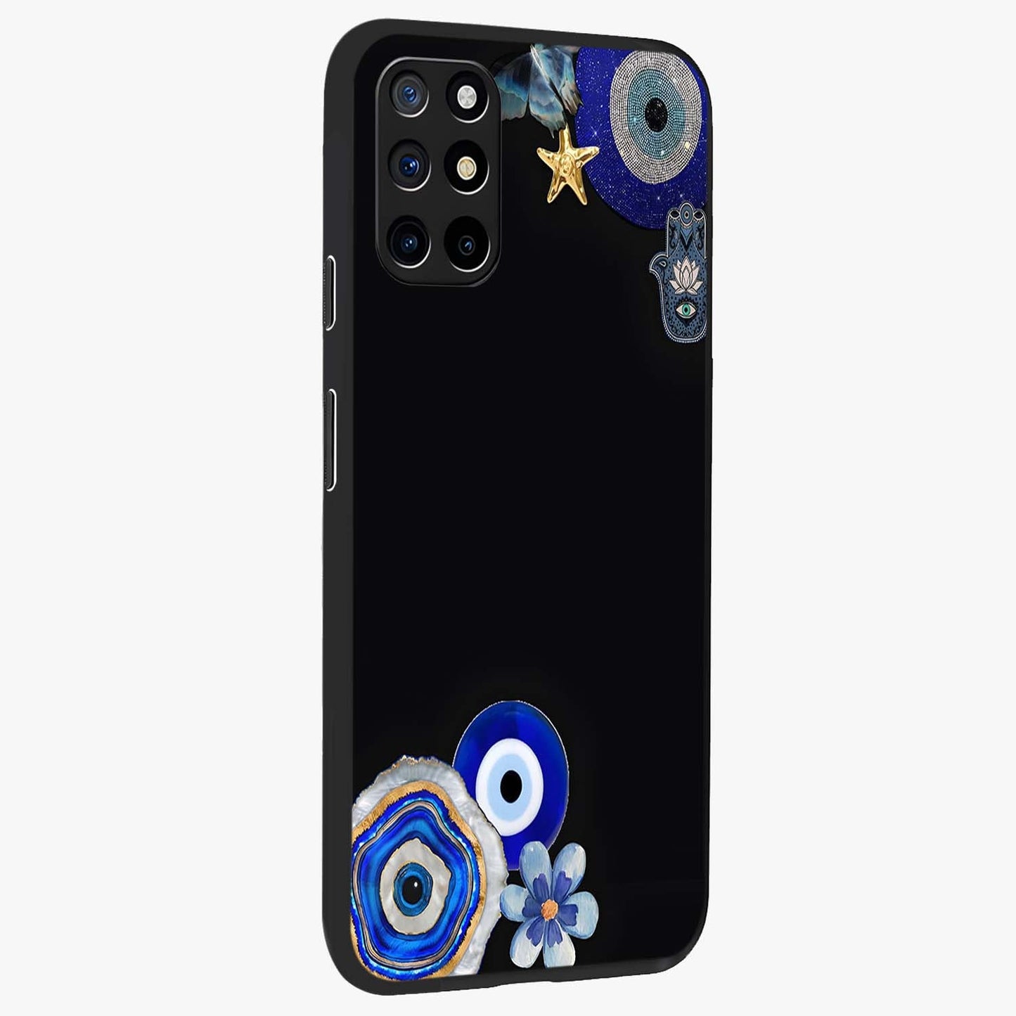 Aesthetic Blue Evil Eye Glass Case upright view showcasing mystical evil eye graphic with minimal aesthetic style.