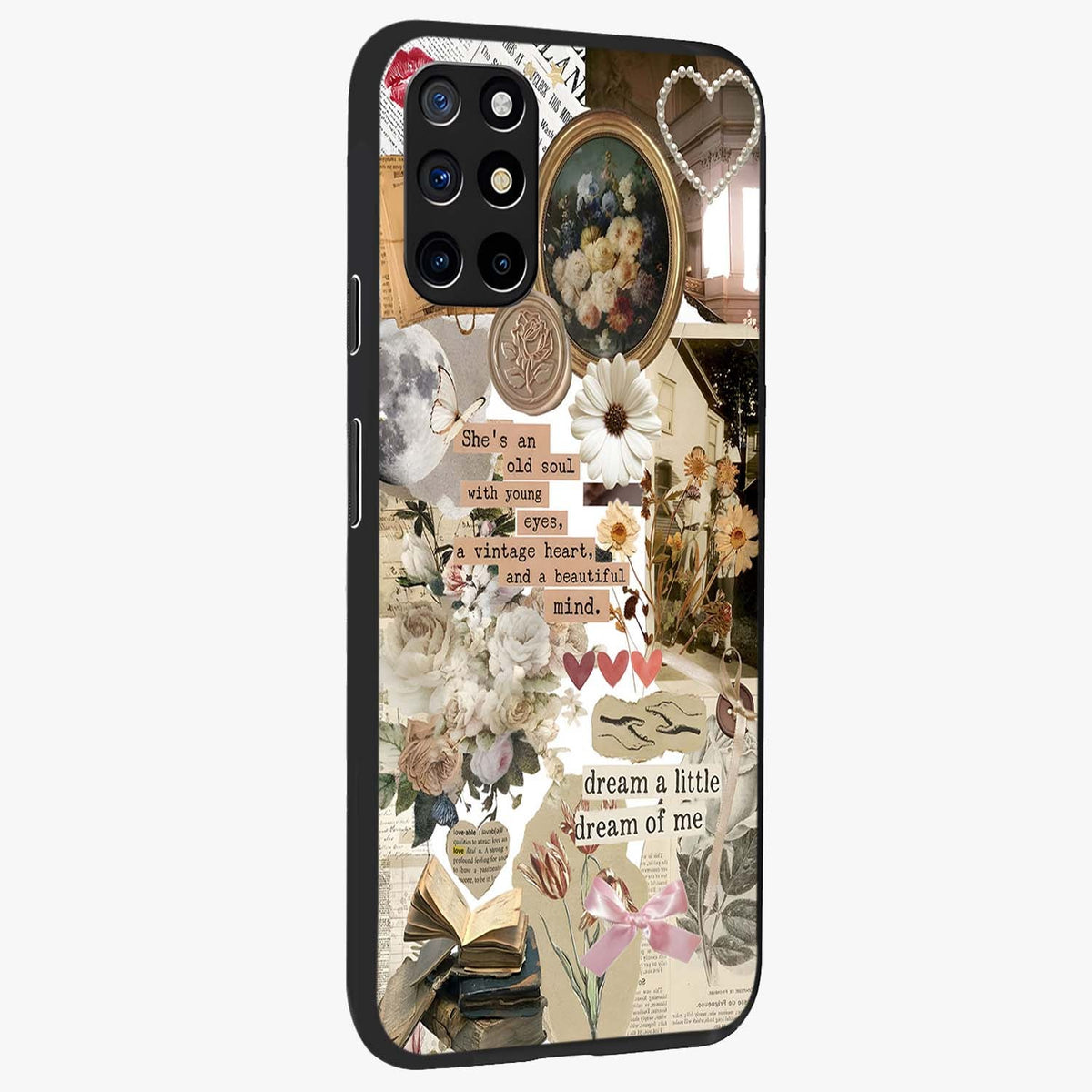 Aesthetic Brown Vintage Collage Glass Case upright view showcasing nostalgic retro artwork with stylish vintage theme.