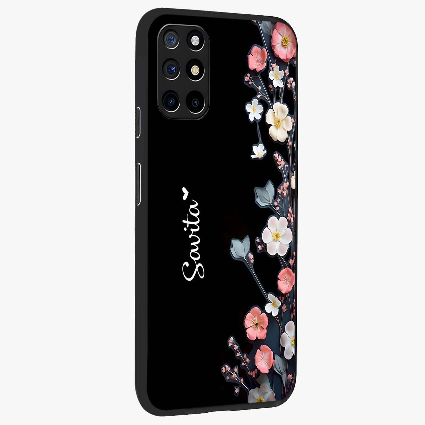 Black Elegance Floral Custom Name Glass Case upright view showcasing luxurious black floral design with personalized name detail.
