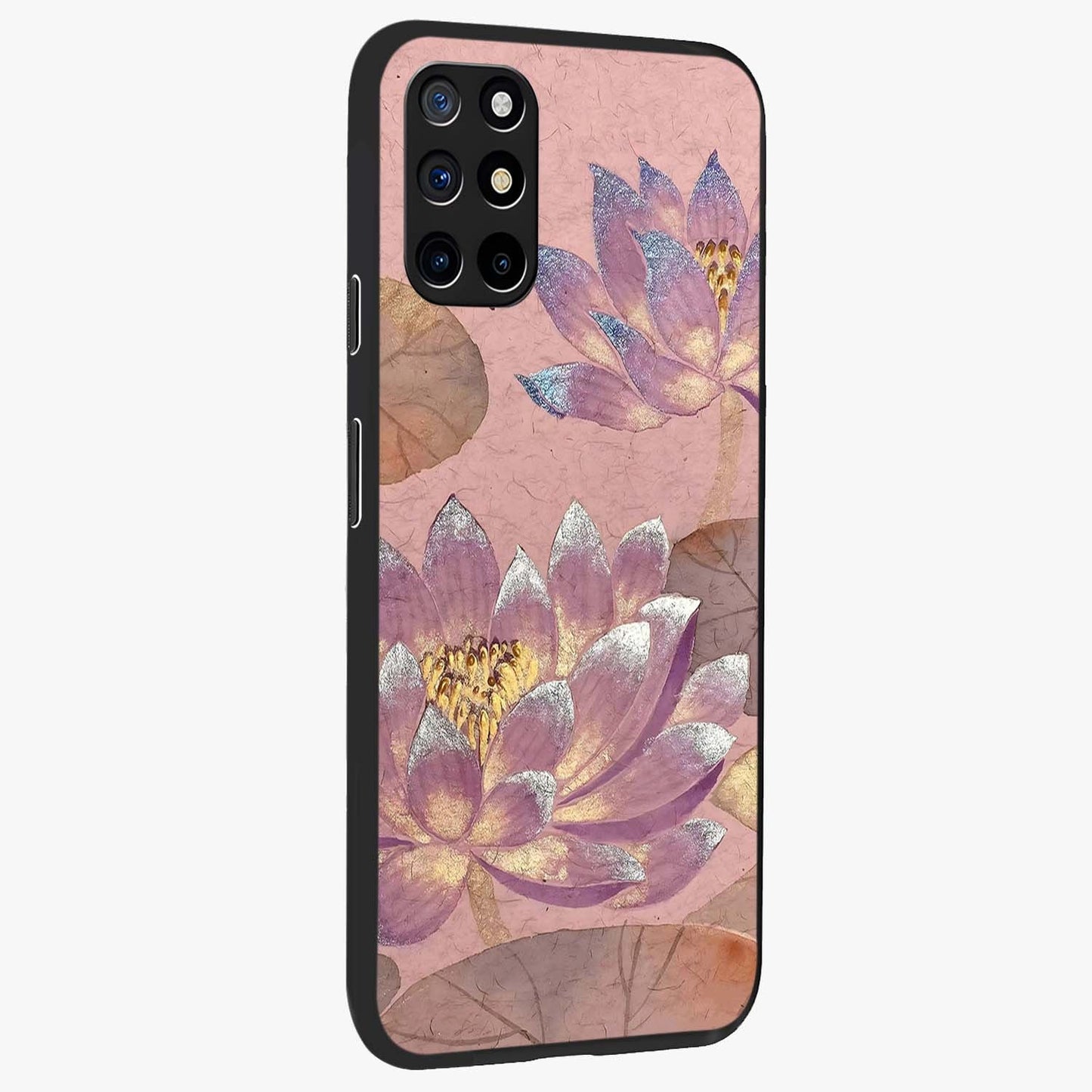 Blossom Mist Lotus Glass Case upright view showcasing graceful lotus flower design with peaceful botanical style.