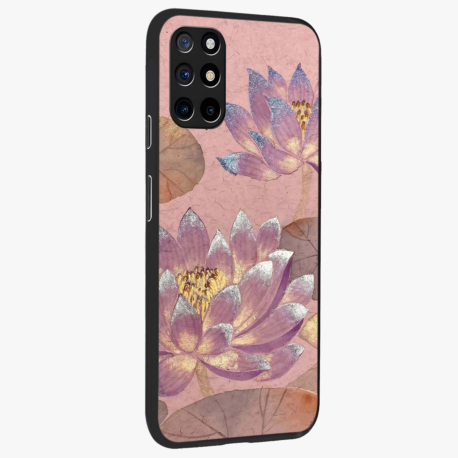 Blossom Mist Lotus Glass Case upright view showcasing graceful lotus flower design with peaceful botanical style.