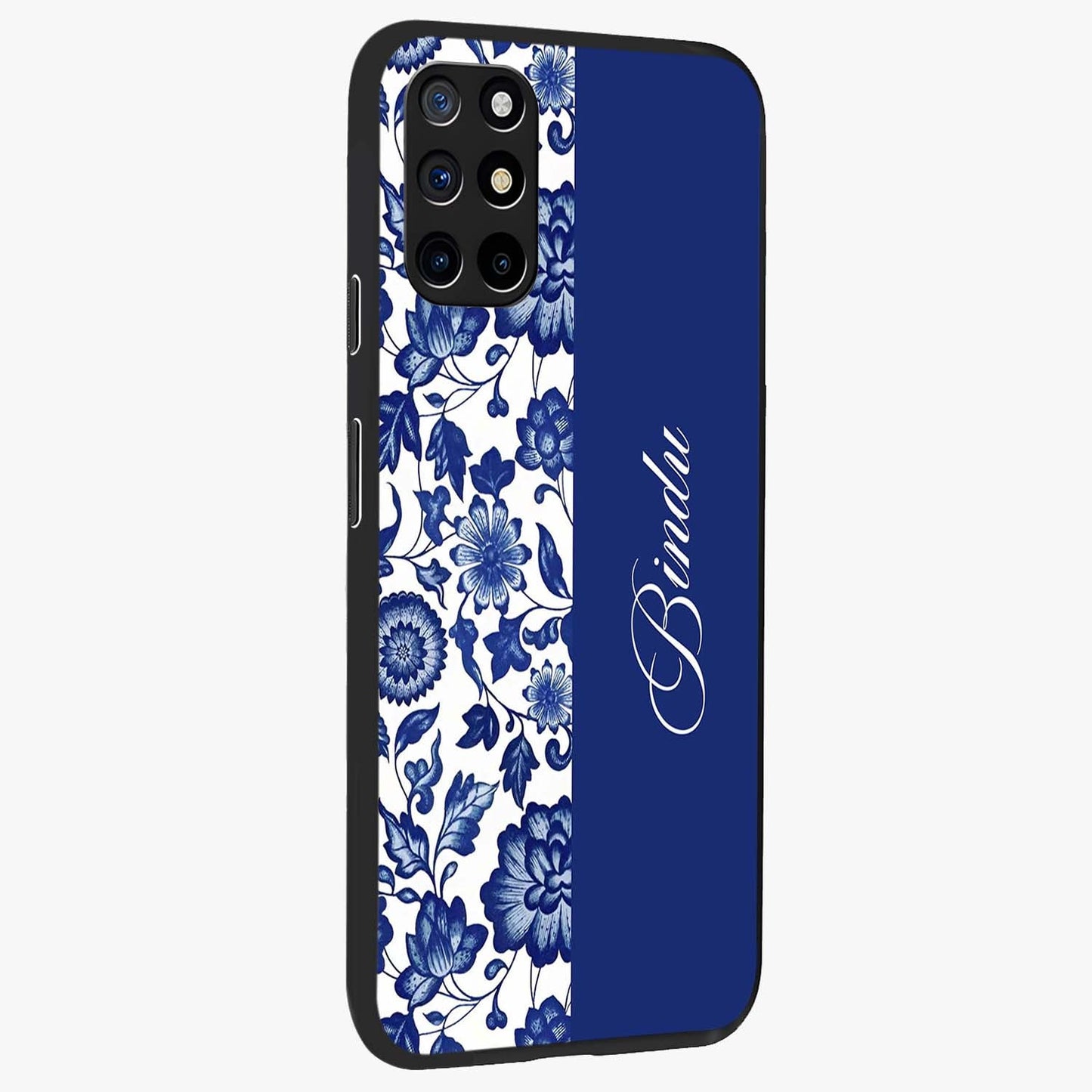 Blue Vintage Floral Pattern Glass Case upright view showcasing delicate blush floral texture with modern minimal style.