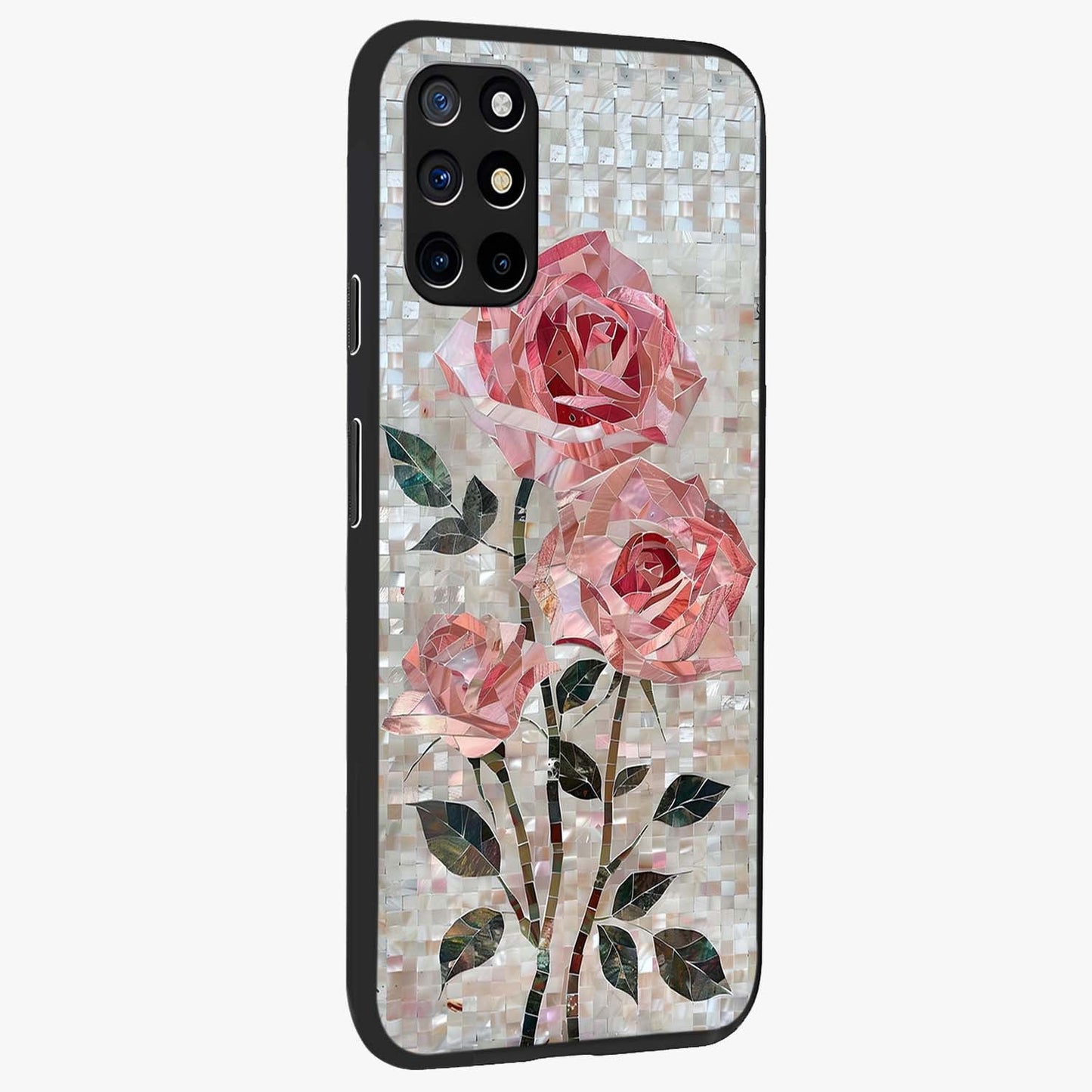 Blush Mosaic Bloom Glass Case upright view showcasing decorative floral mosaic artwork with stylish modern aesthetic.