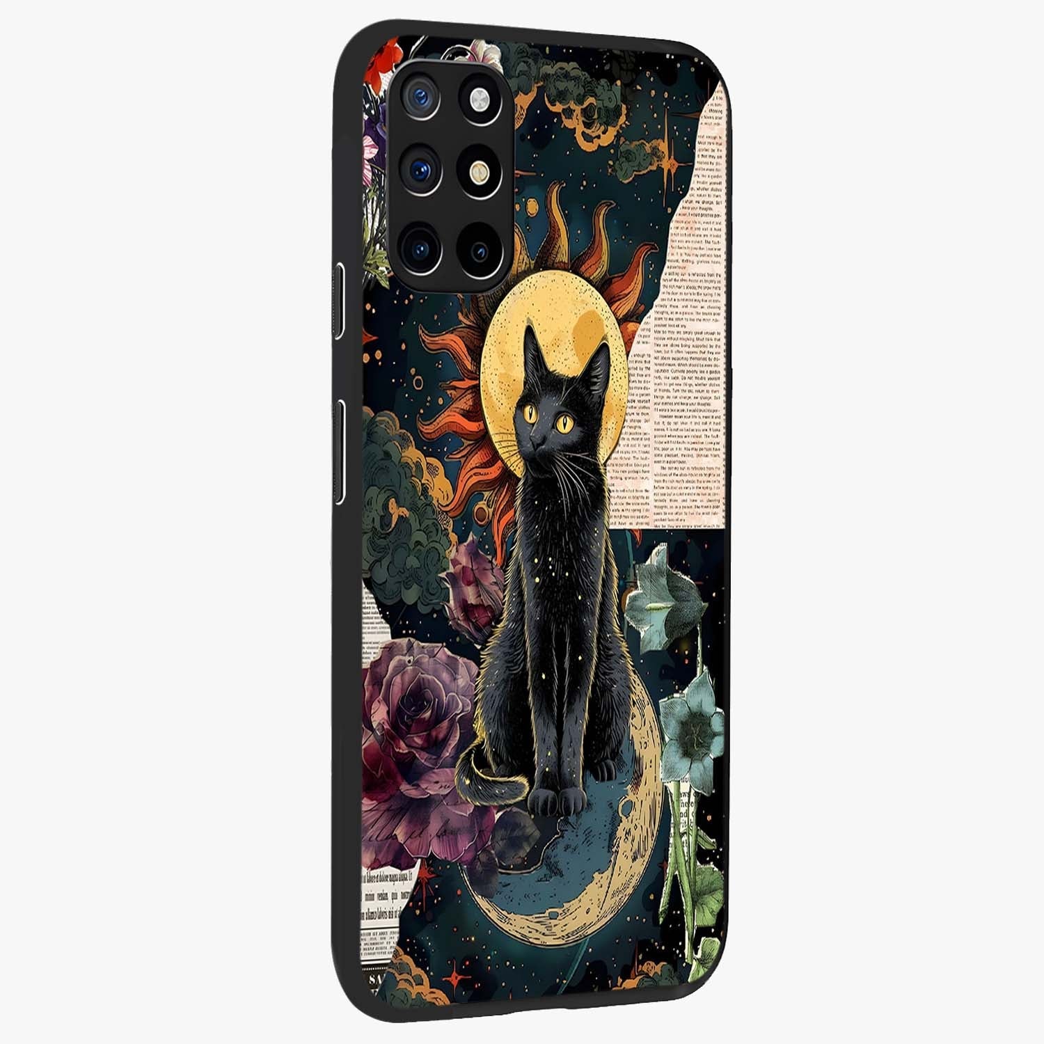Celestial Black Cat Glass Case upright view showcasing magical black cat illustration with starry cosmic theme.